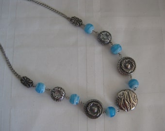 Mother's day gift, Hand made necklace, blue glass beads with silver tone alloy beads, symmetric, 25". No 2 alike.