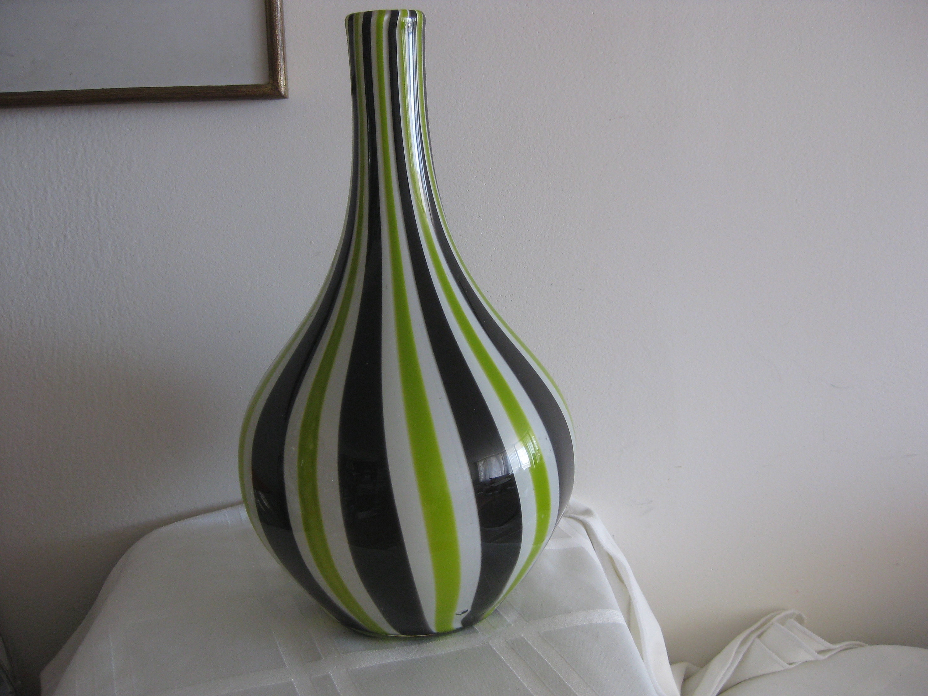 Hand Blown Glass Vase 2 Tone Green & White Stripes Unique Etsy Australia