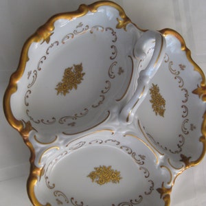 Reichenbach Germany porcelain 3 sections divided dish w handle, gold edge trim & floral design in each section. In perfect vintage condition