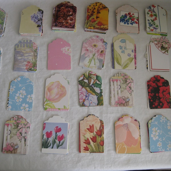 Gift tags, flowers, die cut from upcycled cards and other cardstock. 2.75"x1.75"  gift giving, scrapbooking, collage, other paper crafts, 24
