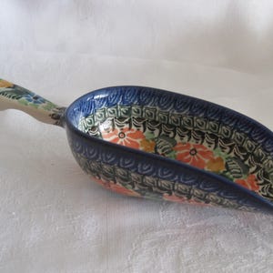 May include: A ceramic scoop with a blue rim and handle, featuring a floral pattern in orange, green, and black. The scoop has a deep bowl shape and is likely used for serving or measuring dry goods.