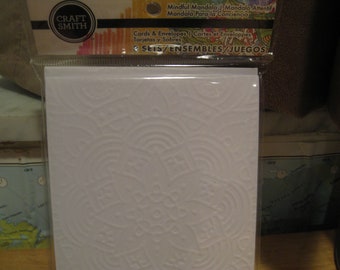Mandala design embossed white cards set, 8 cards with matching envelopes, 5.5" x 4.25".