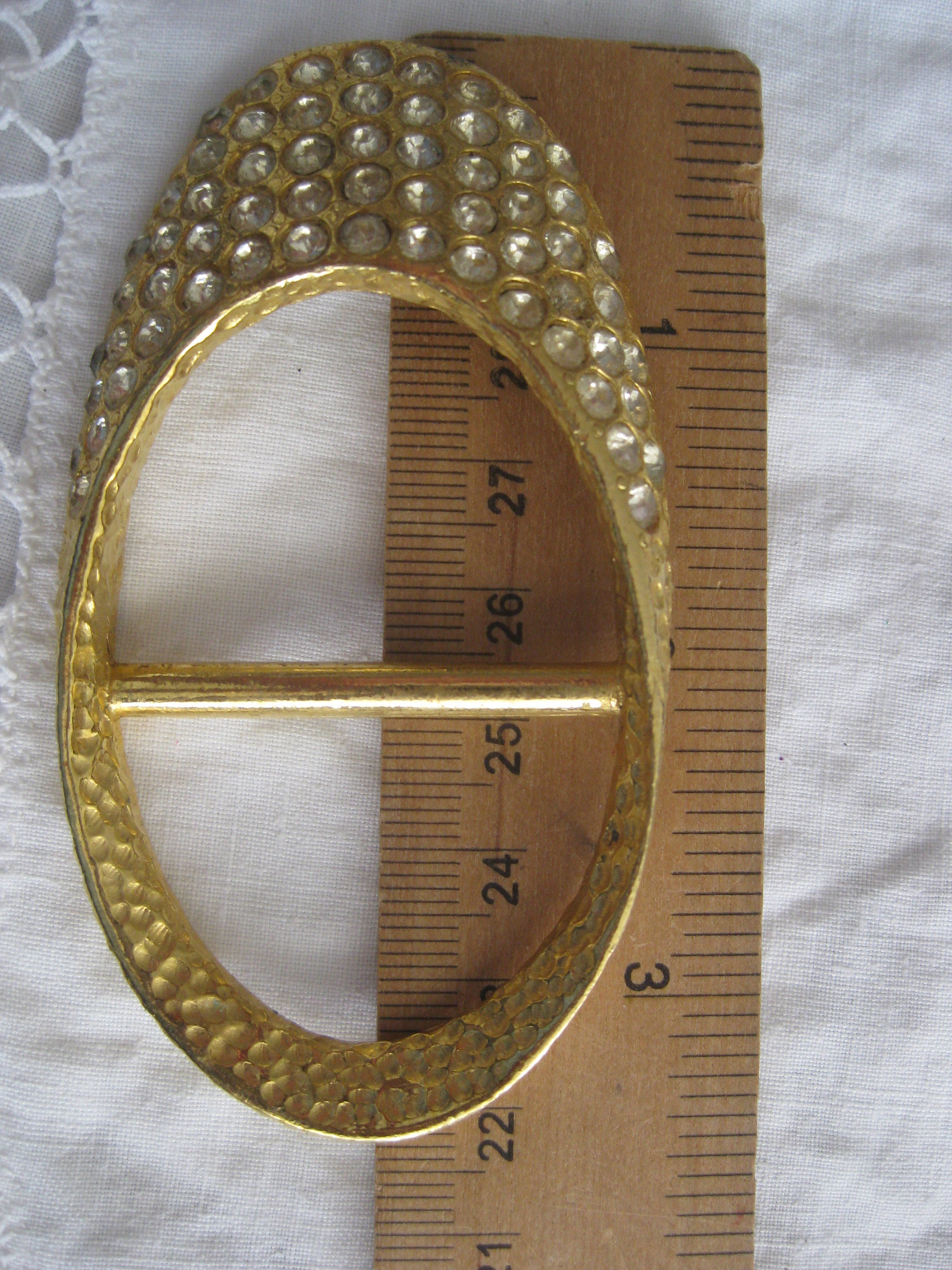 Belt Buckle, Oval Hammered Gold Tone With Rhinestones, 3.25  display picture 2