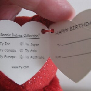 TY Original Beanie Baby, Birthday Bear, Red W Sparkles, Holding a Gift