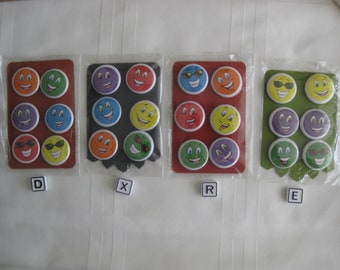 Hand made smiley faces, 6 round magnets (1"), different colors and smile expression, on a flat magnetic board. Cute little gift.