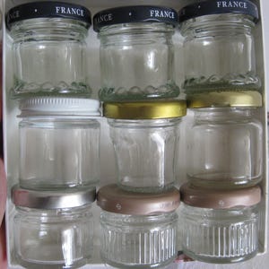Empty mini jelly/honey jars for storing, spices, oils, beads, other. Lot of 9 jars (4 diff. shapes))