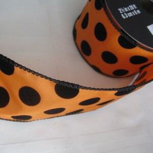 Halloween wide wired ribbon, 2.5&quot; x 20 ft. Orang with black velvety dots. Wreaths, bows, other Halloween crafts and decor. lot of 2 spools.