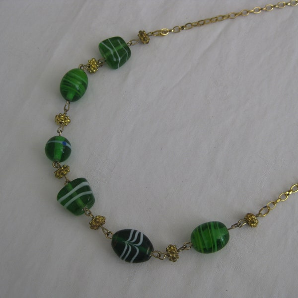 Semi clear green chinese glass beads necklace, asymetric, gold tone connector beads and chain, 18", hand made, Holiday gift