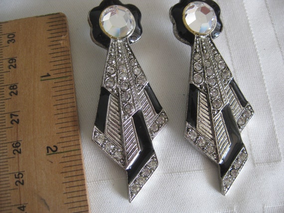 Vintage earrings, Art Deco style, silver tone and… - image 2
