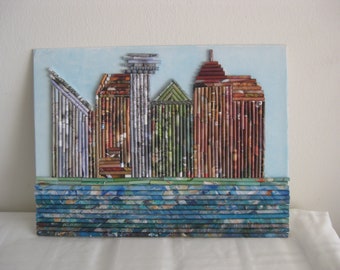 Upcycled magazine paper rolls "City Skyline" collage picture, hand made, wall decor, 16" x 12".  to gift or to keep