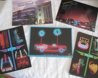Vintage postcards, 1990s&#39; Miami Beach Art Deco neon lights postcards, 5 postcards, art collage, mixed media, collectors