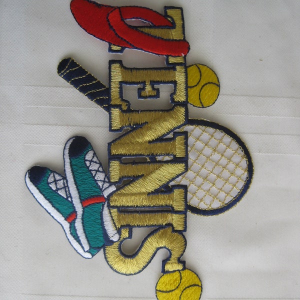 Iron on patch- TENNIS with its equipment - visor, racket, balls and shoes,7" x 4", decorate tote, shirt, hat, jacket. Bright colors