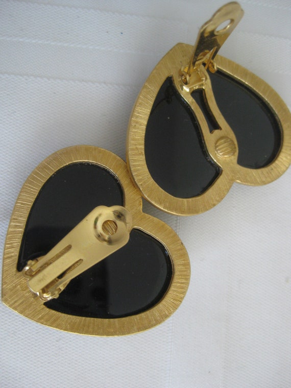 Vintage clip on earrings, black onyx heart w clea… - image 3