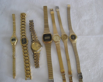 Vintage ladies' watches, gold tone stainless steel bands. unknown working condition, parts, repurpose, jewelry making, other use. Lot of 7.
