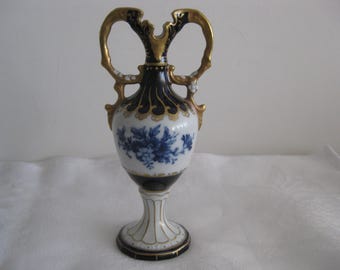 Vintage porcelain Royal DUX vase, 6.5"x3"x2", Hand painted Cobalt blue and gold décor, 2 handles, mint condition. Collectible. signed.