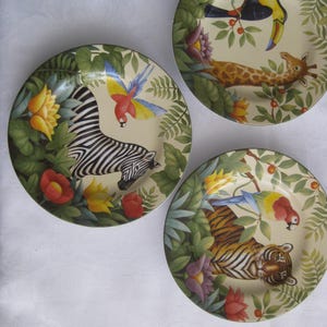 Salad plates Jungle animals by Stephanie Stouffer. 3 plates, Zebra, Tiger, Giraffe, 8&quot;, replacement, add to collection. In perfect condition