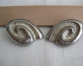 Clip on earrings, Vintage, silver tone brass,  2" x 1.25"