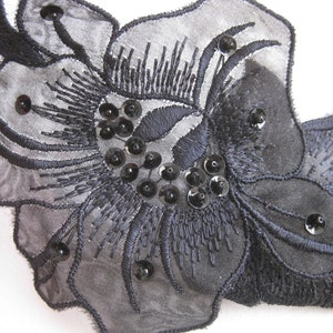 Vintage black trim/lace, sheer flowers, embroidered edges black sequins in center. Beautiful elegant trim. Cloths decor, sewing. 2.5 yards