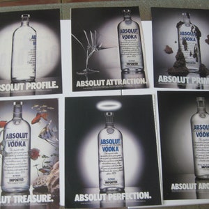Absolut Vodka vintage ads, from 80's/90's. Set of 6 ads, 11 x 8 each. Frame to display, gift to collector image 1