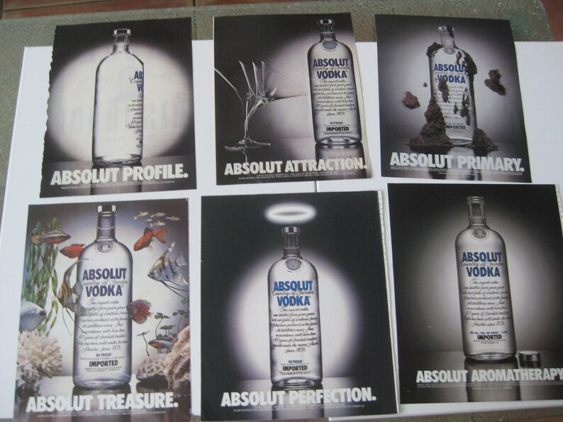 Absolut Vodka vintage ads, from 80's/90's. Set of 6 ads, 11 x 8 each. Frame to display, gift to collector image 1