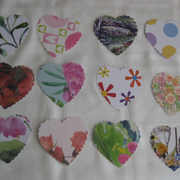 Die cut hearts, upcycled from cards, acid free  card stock, flower theme, mothers day decor, card making, scrap booking, garlands. 24 pcs.