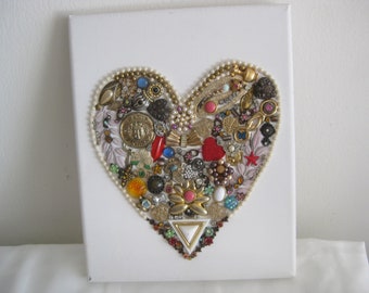 Jeweled heart collage on white canvas. Home/Wall decor. Hand made. Valentine's gift, mothers day gift