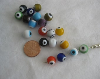 Evil eye glass beads for jewelery making, 10mm x 2mm hole. lot of 20 beads, 10 colors @ 2 beads each color