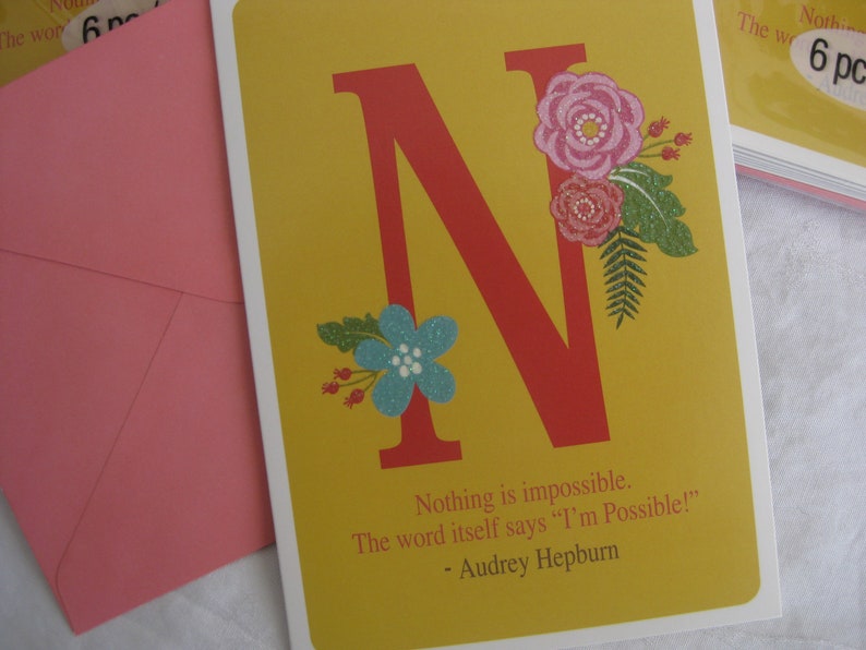 Letter initial N notecards with inspirational quote 5x3.5 6 cards with matching envelopes