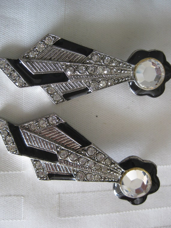 Vintage earrings, Art Deco style, silver tone and… - image 1