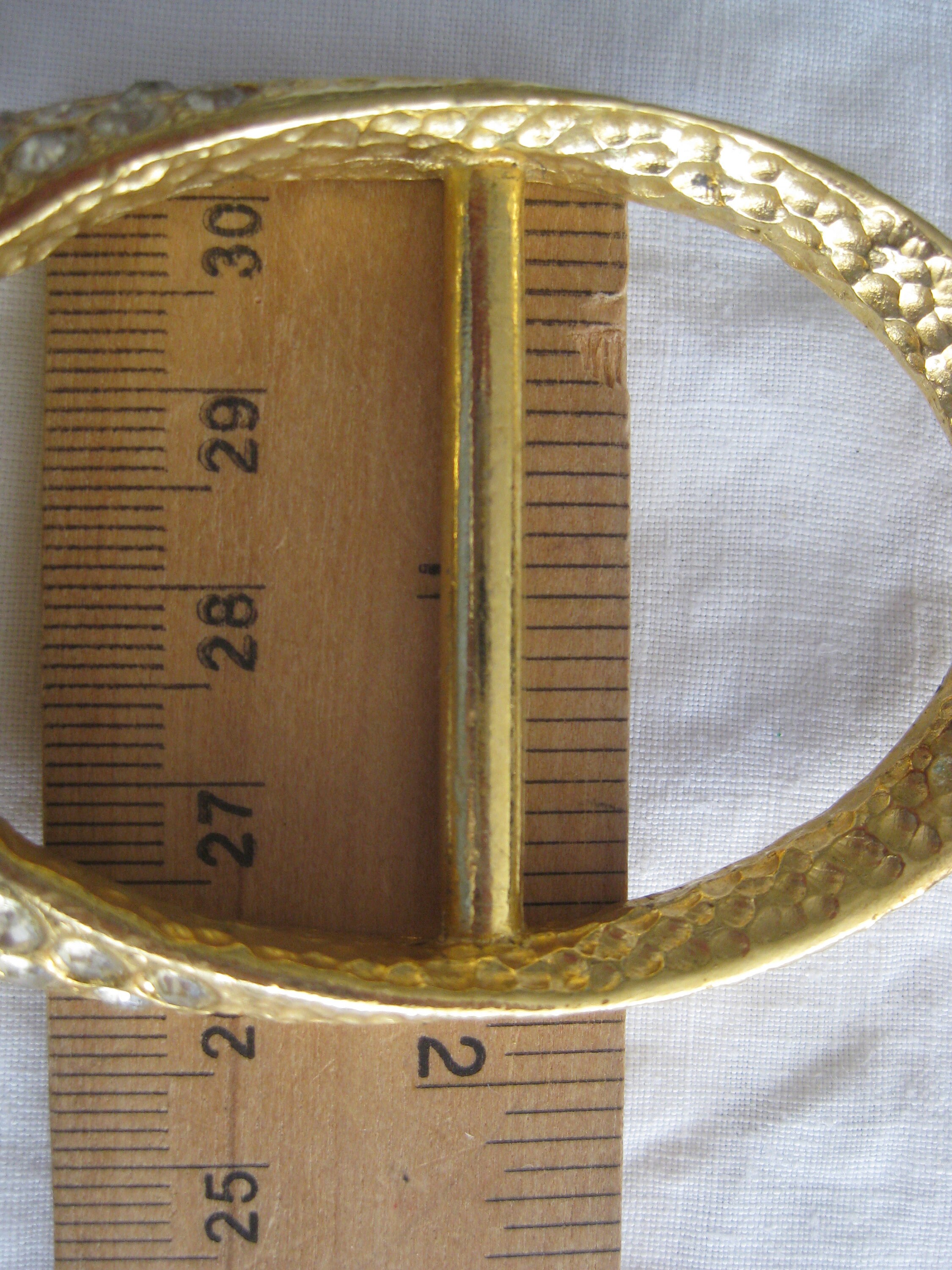 Belt Buckle, Oval Hammered Gold Tone With Rhinestones, 3.25 