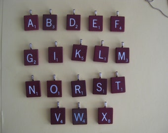 Burgundy wood scrabble letter tile pendant/charm, gold or silver bails, girls party favors, teachers gift, treat yourself or a close friend