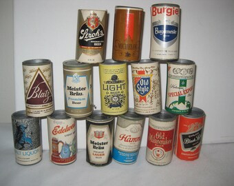 Miniature beer cans, vintage,  14 diff. brand, 2.25" x 1" diameter. Bar display-decor, lot of 12 cans.