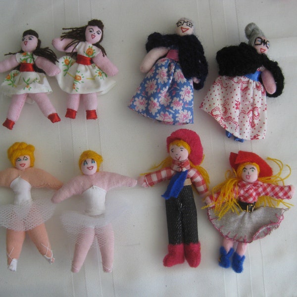 Handmade vintage miniature 3" dolls unique OOAK dolls even face features are hand sewn w thread, not painted. Lot of 2 dolls of your choice