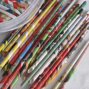 Magazine paper hand rolled straws for crafting, colorful, 100 pcs. 8&quot; - 9&quot; long, craft supply, collage, paper crafts