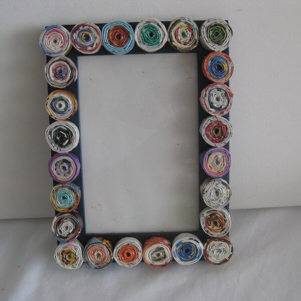 Hand decorated wood picture frame, colorful hand rolled magazine paper, 7.5" x 5.5"