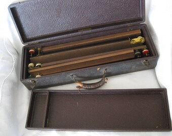 Vintage Mahjong case, tray and 5 wooden racks (No tiles). 19"x6.5"x4.25" case, 19"x5.75"x1.25" divided tray. See listing for more details