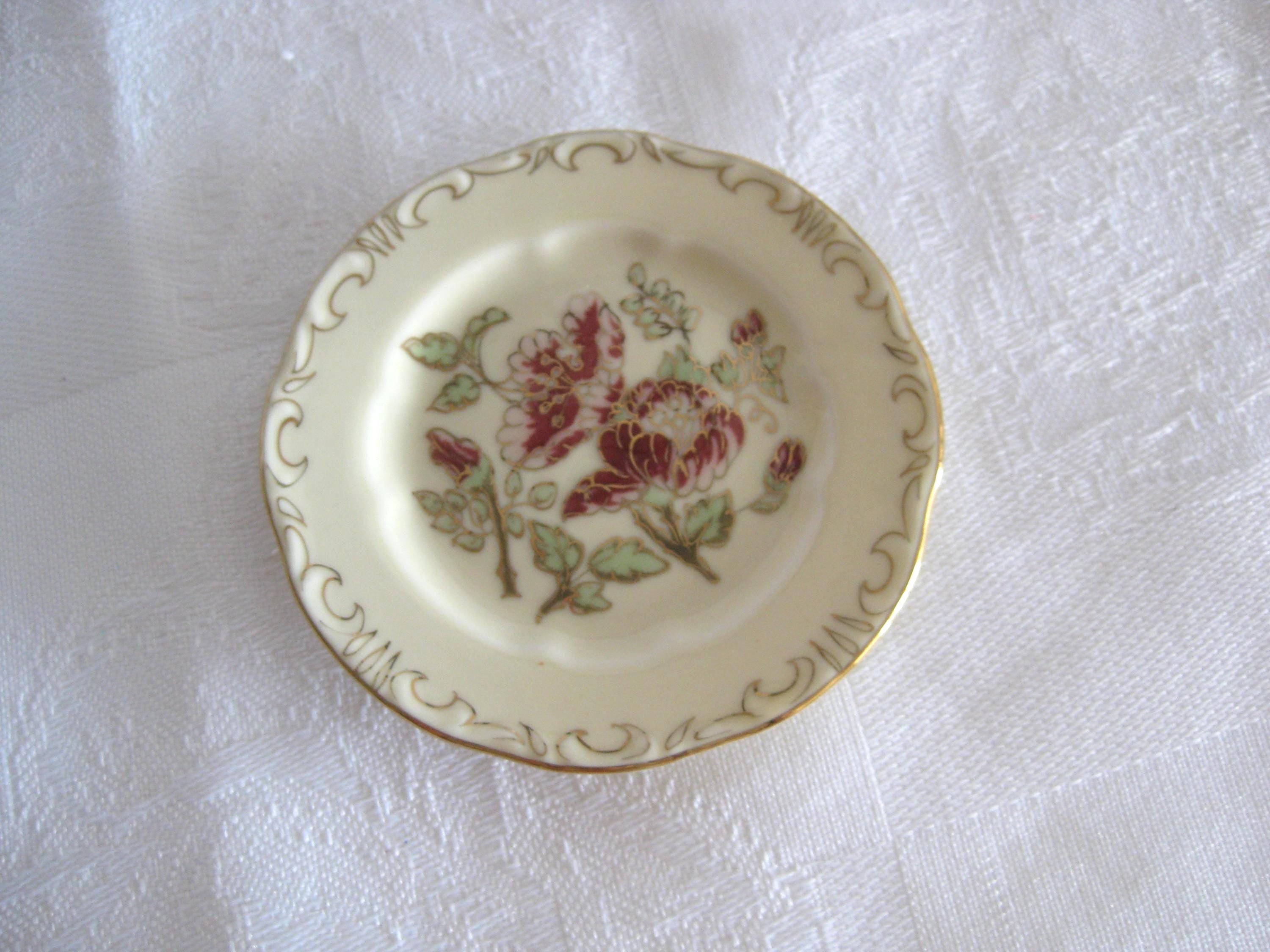Zsolnay-Hungary porcelain miniature plate, 3.25", hand painted floral design & gold ornate rim. Dollhouse, miniature collection. Vintage.