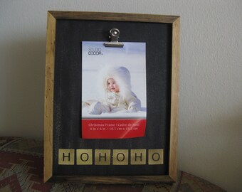 Christmas photo clip board frame, black chalkboard, HOHOHO on washed gold tiles and a clip to attach the picture. 10.5"x8.5". Free standing