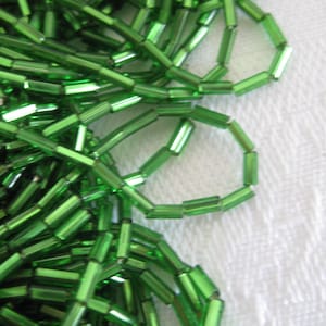 Emerald green glass bugle beads, 1 oz. (28 grams) for beading crafts, bracelets, embroidery, multimedia projects, other use