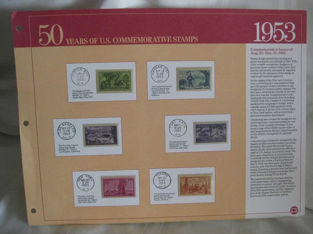 50 Years of US Commemorative Stamps Page, 1953. 6 Stamps, Collectible