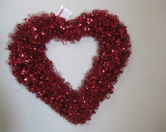 valentine's day Red heart wreath, shiny metallic red ribbons, 15" x 16". Home décor, wall décor, door décor.