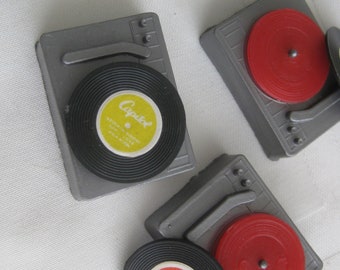 Doll house miniature record players with records, 1.25"x1"x0.25 and 1" diam. record. Vintage, lot of 3 players and 8 records.