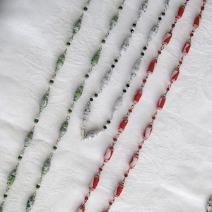 Hand rolled paper beads necklaces, lot of 3 diff. colors/lengths necklaces. No 2 alike, to keep, to gift.