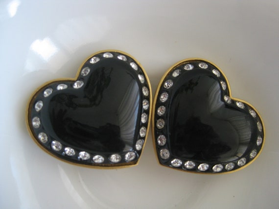 Vintage clip on earrings, black onyx heart w clea… - image 1