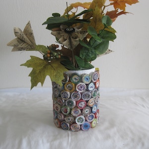 Upcycled round vase, decorated w hand rolled colorful magazine pages discs, for floral arangments, group decor,utensil holder, unique gift