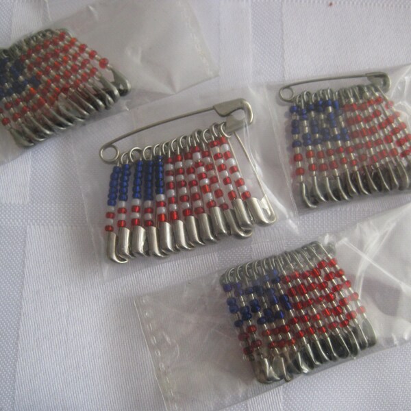 American flag safety pins and seed beads brooch, hand made. 1.75" x 1.25". Lot of 2 pins
