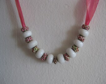 European beads necklace, large hole white glass beads and rhinestones connector beads on an irridecent pink ribbon, 24" (adjustable).