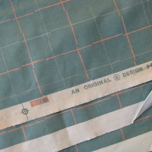 Upholstery fabric remnants, 3 pcs. @ 26&quot; x 19&quot; each, Jade w Peach lines, for any fabric/fiber craft. Vintage 1983. Upholstery, pillows,