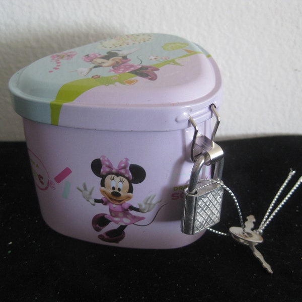 Disney Minnie mouse heart shaped tin box w lock & keys, for treasures, coins, secret notes, cute girly gift, stocking stuffer, party favors