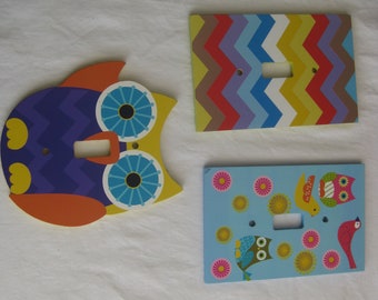 Light switch plate, kids rooms, 3 designs to choose from, Owl shape, owls birds & flowers, zigzag pattern. Lot of 1 plate. Hardware included